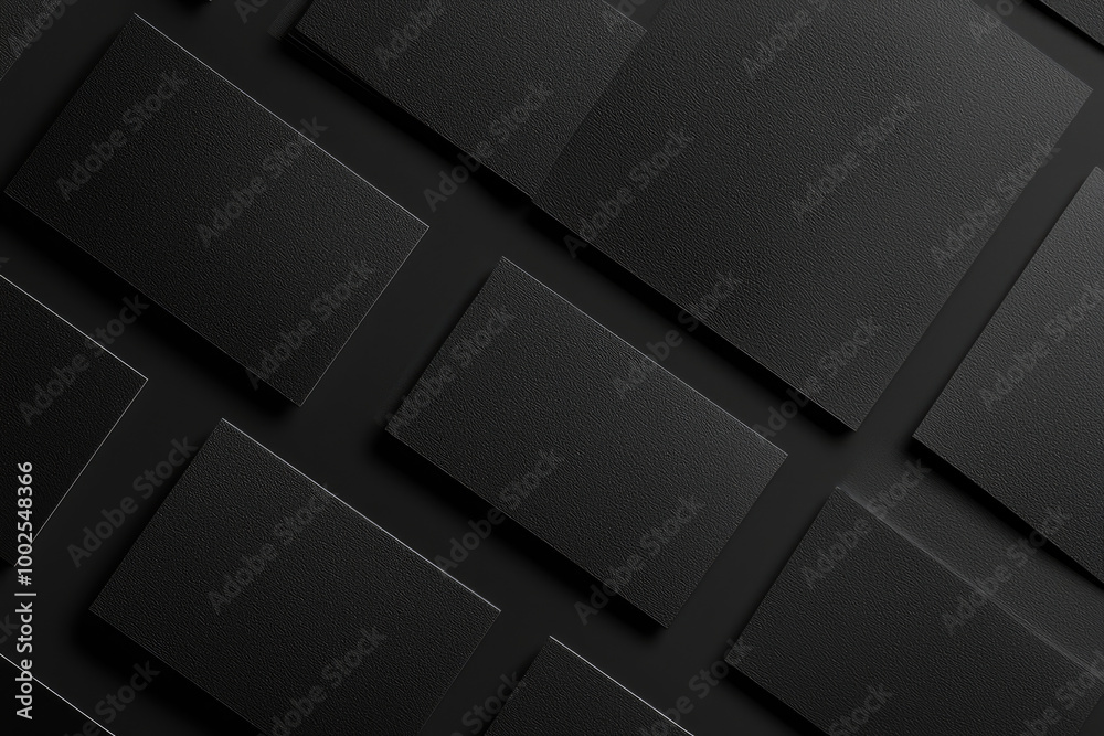 Black business cards mockup, top view. A stack of blank black business cards on a dark background with shadows. Created with Ai