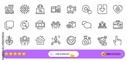 Search, Artificial intelligence and Loyalty points line icons for web app. Pack of Heart, Confirmed, Handbag size pictogram icons. Delivery, Employee hand, Court building signs. Search bar. Vector