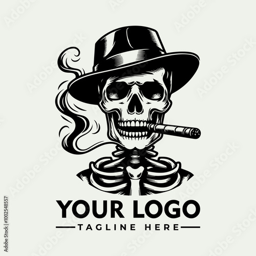 Skeleton smoking cigar, wearing top hat and bowtie vector logo Skeleton in top hat and bowtie smoking cigar perfect for Halloween promotions, spooky designs, or vintagethemed projects needing a touch