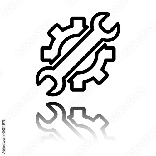 Gear wrench simple icon. Flat design. Black icon with mirror reflection. White background