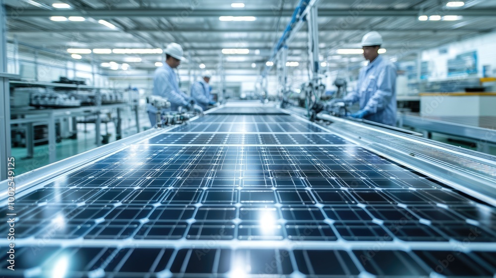 Obraz premium A large-scale solar panel production facility, with workers assembling photovoltaic panels on a high-tech assembly line.