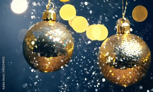 slow motion of Christmas warm golden Balls with bokeh Lights and glitters falling, black sparkling background