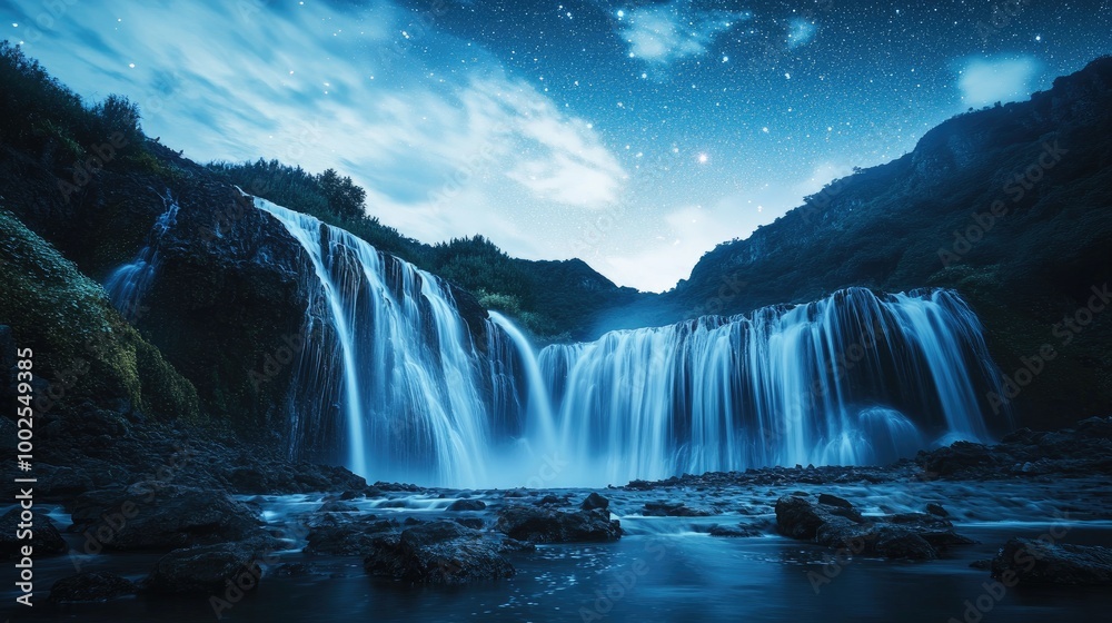 A long-exposure shot of a waterfall at night, with the water illuminated by soft moonlight and stars sparkling in the sky, creating a mystical scene. A long-exposure shot of a waterfall at night, with the water illuminated by soft moonlight and stars sparkling in the sky, creating a mystical scene.