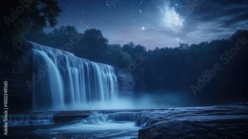 A long-exposure shot of a waterfall at night, with the water illuminated by soft moonlight and stars sparkling in the sky, creating a mystical scene.