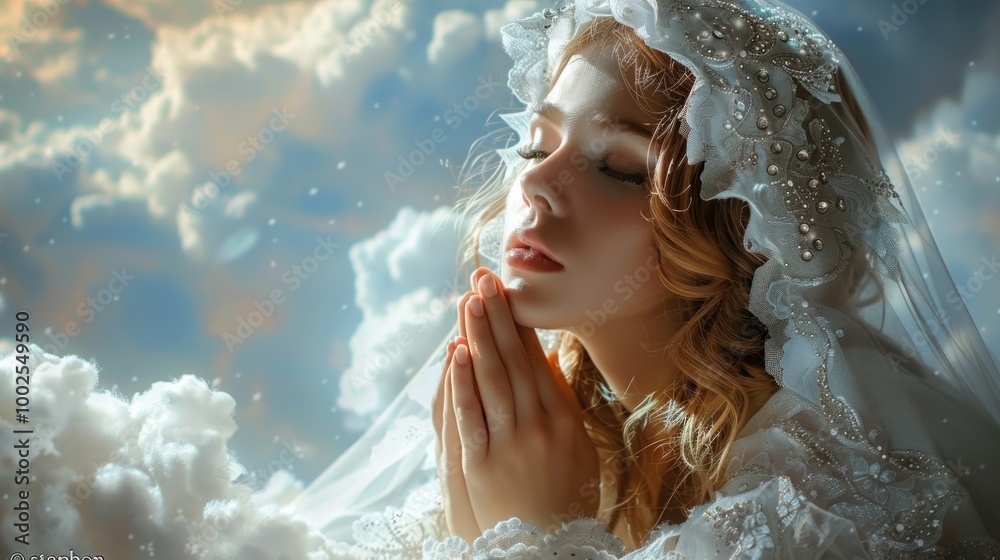 Naklejka premium A serene moment of prayer in a dreamlike cloudscape, capturing the essence of tranquility and hope. Generative AI