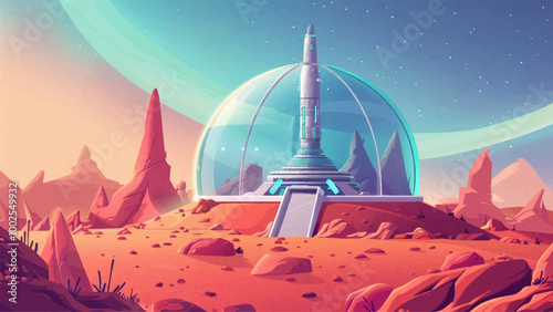 Futuristic Space Station Encased In A Transparent Dome On A Vibrant Red Planet With Alien Landscapes And Strange Terrain Bright Colors And Whimsical Elements Cartoon Illustration