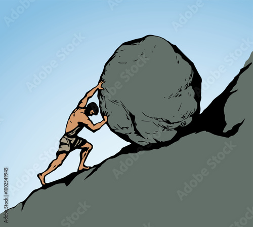 A man rolls a stone up the hill. Vector drawing