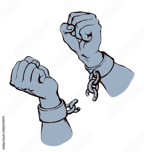 Hands tearing shackles. Vector drawing