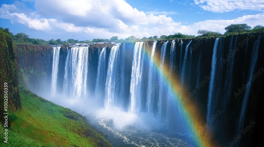 A massive waterfall with rainbows forming in the mist, capturing the power and beauty of nature in a dynamic and colorful scene.