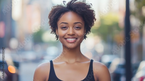 Young African American woman in the city, with short wavy hair, wearing a black tank top, smiling warmly.