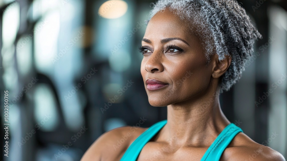 Mature African American woman in gym, focused, with gray hair in twists, wearing a teal tank top. Mature African American woman in gym, focused, with gray hair in twists, wearing a teal tank top.