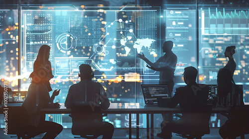 Business professionals collaborate in a high-tech conference room with data visualizations on digital screens to drive strategic decisions and global solutions.