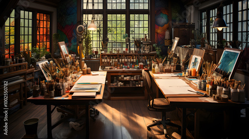 sunlit art studio brimming with brushes, paints, and canvases, inspiring creativity through a fusion of traditional techniques and modern expression.