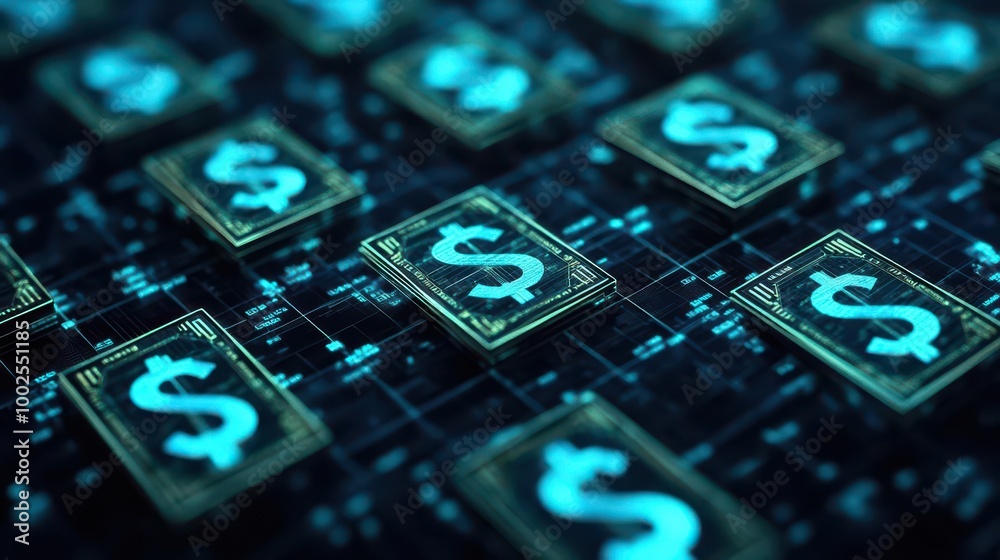 Digital dollar bills on a virtual grid background. Digital dollar bills on a virtual grid background.