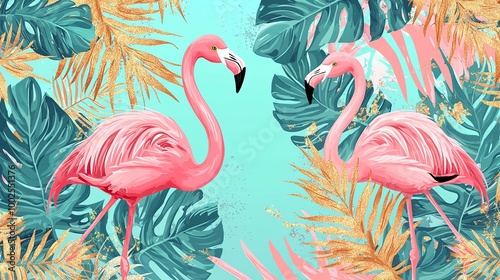 Two pink flamingos stand amongst lush tropical foliage with hints of gold.
