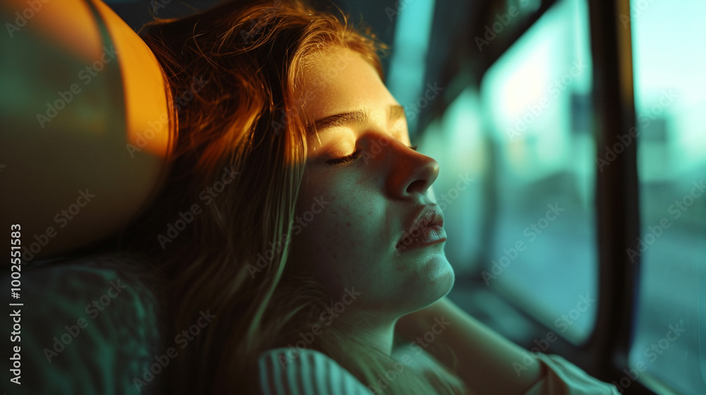 A woman is sleeping in a car A woman is sleeping in a car