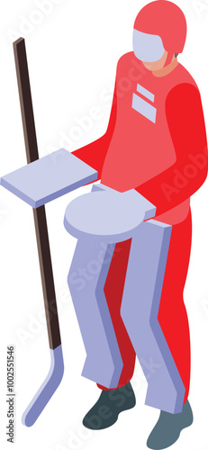 Hockey player wearing red uniform holding helmet and stick isometric icon for web design isolated on white background