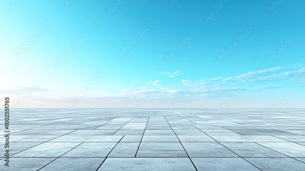 Expansive gray floor tiles with a bright blue sky above, creating a serene and open atmosphere.