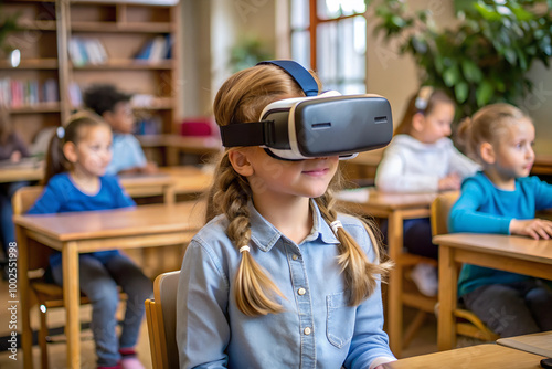 Girl in Classroom Experiencing Virtual Reality with VR Headset, Blonde Braids, School Learning with Technology Integration