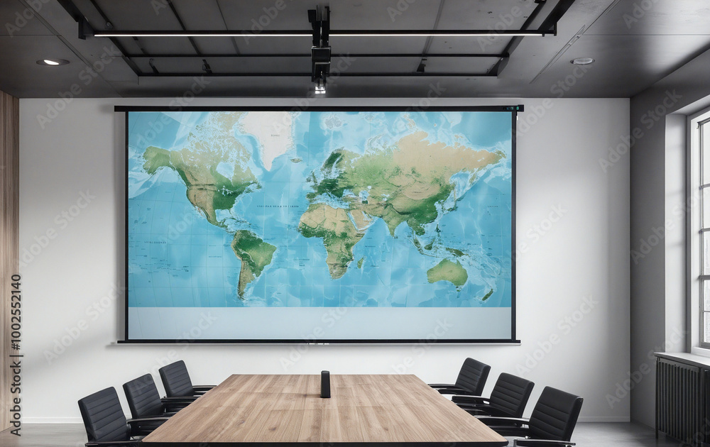 Fototapeta premium A modern conference room equipped with a world map projection during a business meeting in a contemporary office space.