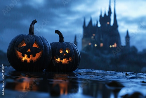 Halloween scene with carved pumpkins and a spooky castle in the background