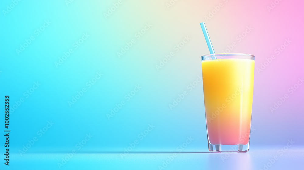 yellow pink fruit smoothie in glass with blue straw and copy space for text yellow pink fruit smoothie in glass with blue straw and copy space for text