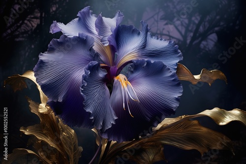 his image shows a close-up of a single purple flower with a yellow center. The flower has five velvety petals and green leaves. It is set against a black background.
 photo