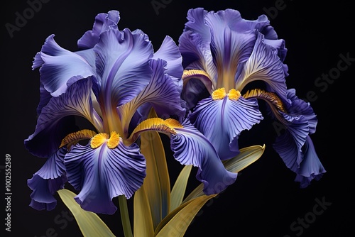 his image shows a close-up of a single purple flower with a yellow center. The flower has five velvety petals and green leaves. It is set against a black background.
 photo