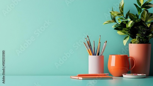 Colorful workspace with plant, mugs, and stationery on a vibrant turquoise background.