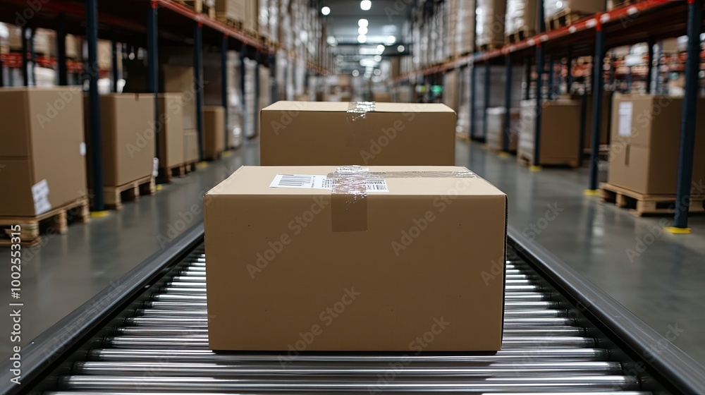 Boxes are in motion along a conveyor belt in a warehouse, highlighting the streamlined process of handling goods efficiently in a bustling logistics environment Boxes are in motion along a conveyor belt in a warehouse, highlighting the streamlined process of handling goods efficiently in a bustling logistics environment