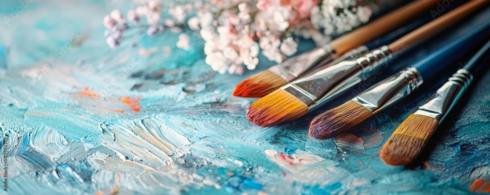 Obraz premium Paintbrushes resting on colorful palette with delicate flowers.