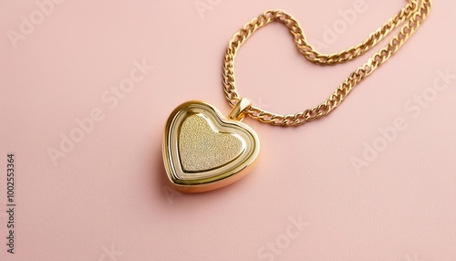 Elegant Close-Up of a Shiny Gold Heart Shaped Pendant Necklace on Delicate Chain in Soft Pink Background, Emphasizing Luxury Romance Timeless Style in Jewelry. Valentine's Day Relationship Couple Love