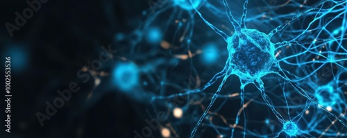 Neurons connected with glowing blue signals on dark background.