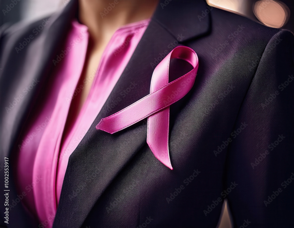 A businesswoman wearing a pink ribbon pinned to her blazer, representing breast cancer awareness, in a professional yet supportive display of solidarity.