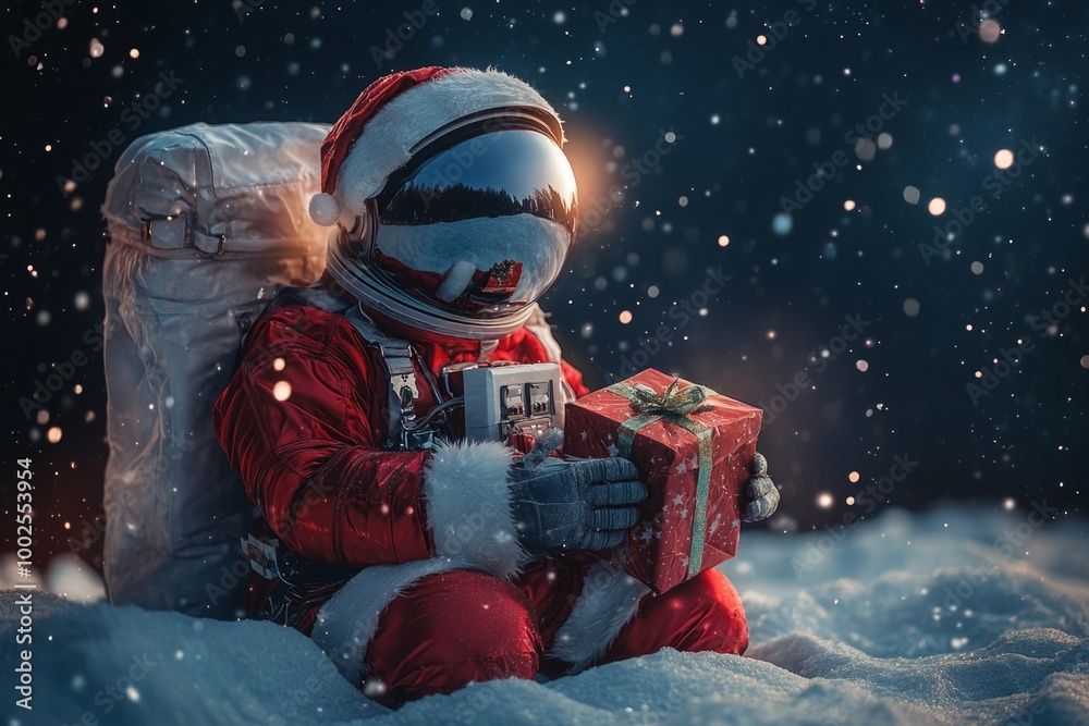 Astronaut wearing santa claus suit holding christmas gift in snowy landscape