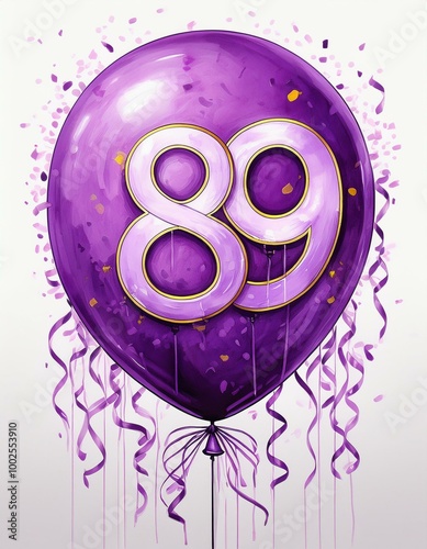 Purple birthday / anniversary balloon, number 89, white background with confetti photo