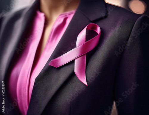 Obraz na płótnie A businesswoman wearing a pink ribbon pinned to her blazer, representing breast cancer awareness, in a professional yet supportive display of solidarity. w salonie