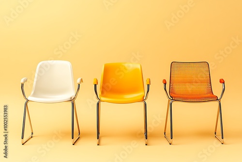 3D rendering of a row of plastic and metal chairs 