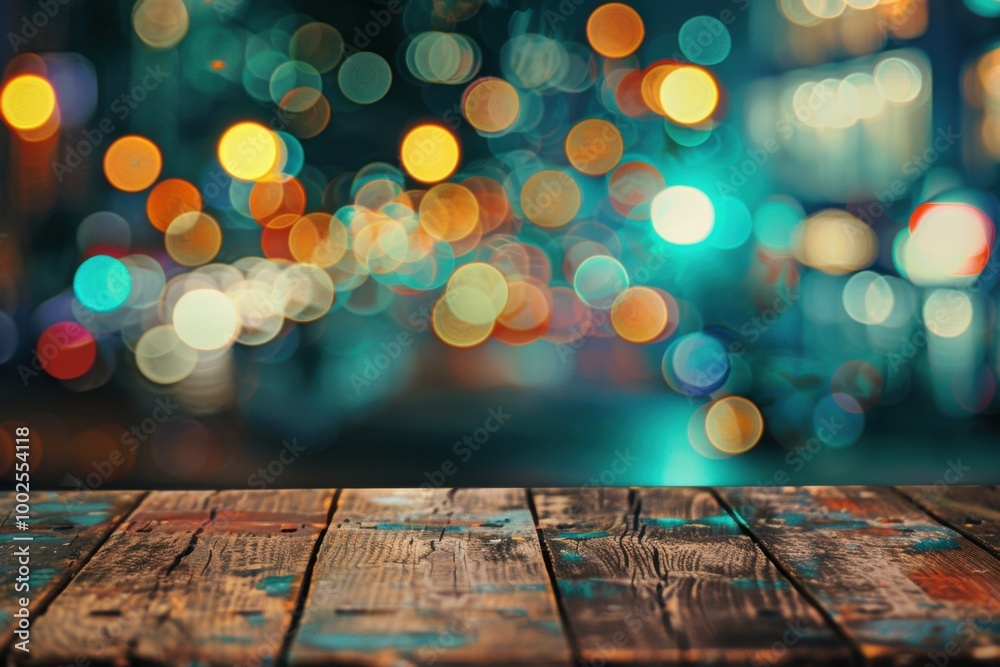 Rustic Wooden Table with Vibrant City Bokeh Lights: Nighttime Urban Backdrop for Festive and Modern Design Rustic Wooden Table with Vibrant City Bokeh Lights: Nighttime Urban Backdrop for Festive and Modern Design