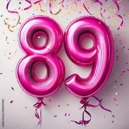 Pink birthday / anniversary balloon, number 89, white background with confetti photo