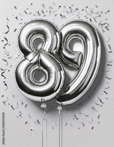 Silver birthday / anniversary balloon, number 89, white background with confetti photo