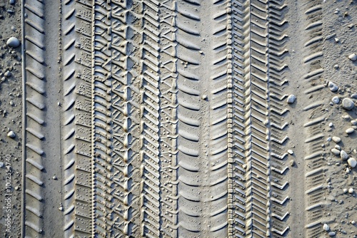 Tire tracks on dirt with concrete texture close-up