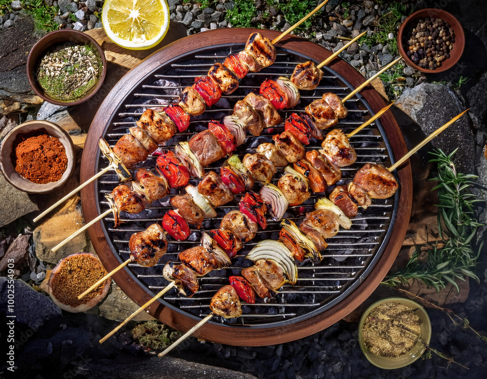 Juicy grilled skewers with meat and vegetables, garnished with fresh herbs, placed in front of a roaring flame for a dramatic and appetizing effect.