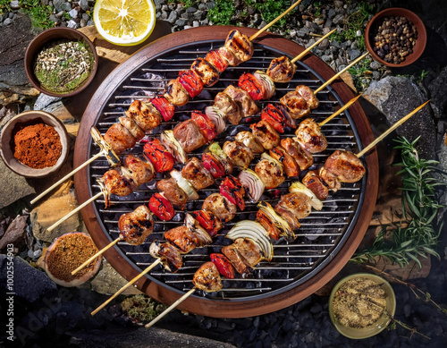 Obraz na płótnie Juicy grilled skewers with meat and vegetables, garnished with fresh herbs, placed in front of a roaring flame for a dramatic and appetizing effect. w salonie