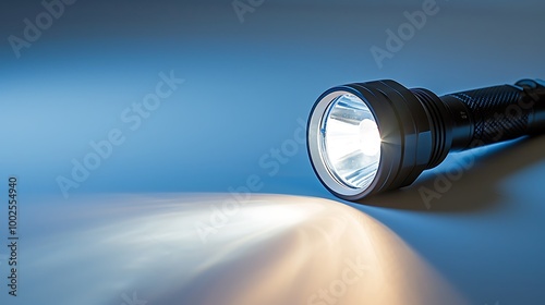 A police flashlight with a focused beam, resting on a white surface.