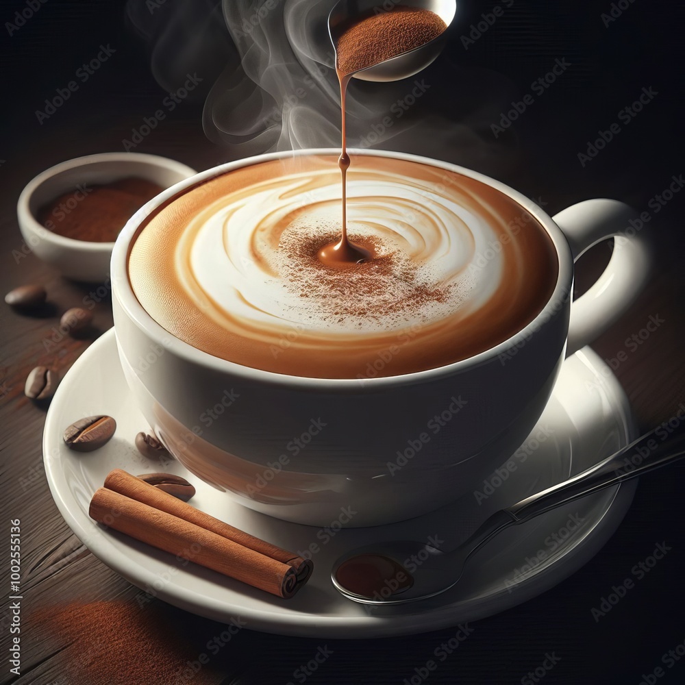 A warm, steaming cup of coffee with delicate foam art is presented with cinnamon sticks on the side. The cozy and inviting ambiance enhances the feeling of comfort and warmth.. AI Generation A warm, steaming cup of coffee with delicate foam art is presented with cinnamon sticks on the side. The cozy and inviting ambiance enhances the feeling of comfort and warmth.. AI Generation
