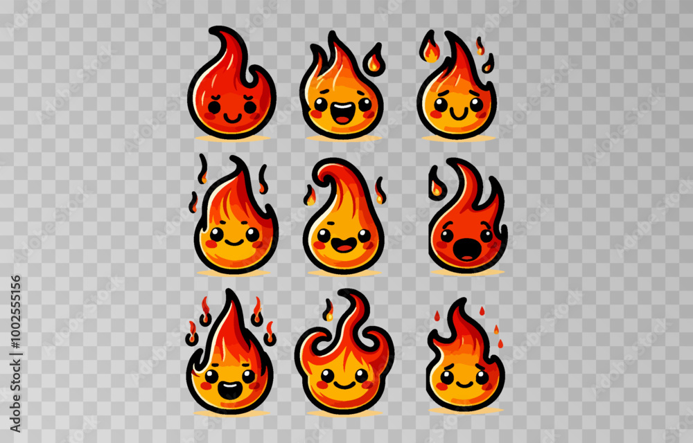 Set of fire cartoon character vector illustration on transparent png background. Set of fire cartoon character vector illustration on transparent png background.