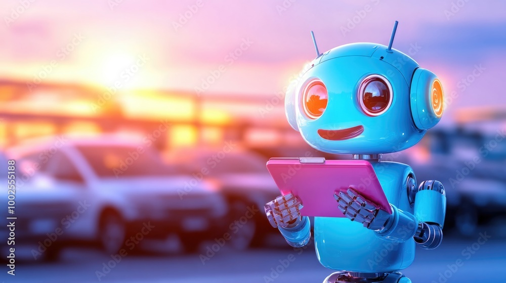 Cheerful blue robot with tablet at sunset in futuristic parking lot Cheerful blue robot with tablet at sunset in futuristic parking lot