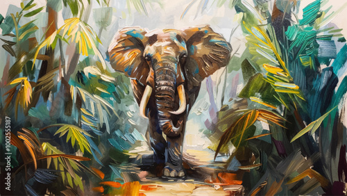 Huge Elephant Walking Through The Jungle Oil Painting On Canvas Featuring The Majestic Elephant Moving Through Dense Foliage With Lush Greenery And Detailed Textures