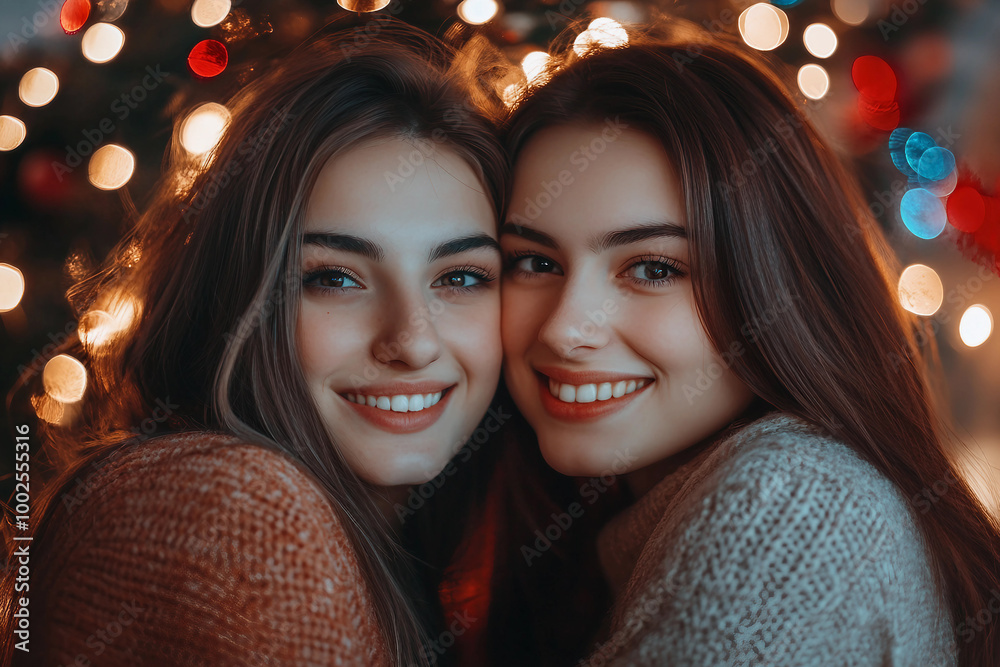 Generative AI image of mother father child couple family together by decorated Christmas tree holiday celebration themes Generative AI image of mother father child couple family together by decorated Christmas tree holiday celebration themes